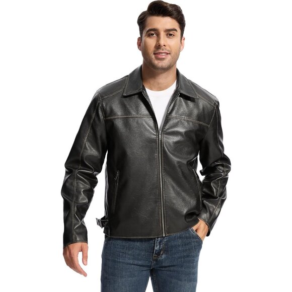 Men Black Faux Leather Biker Jacket Lightweight Vintage Bomber Zip Up Coat - Picture 6 of 7